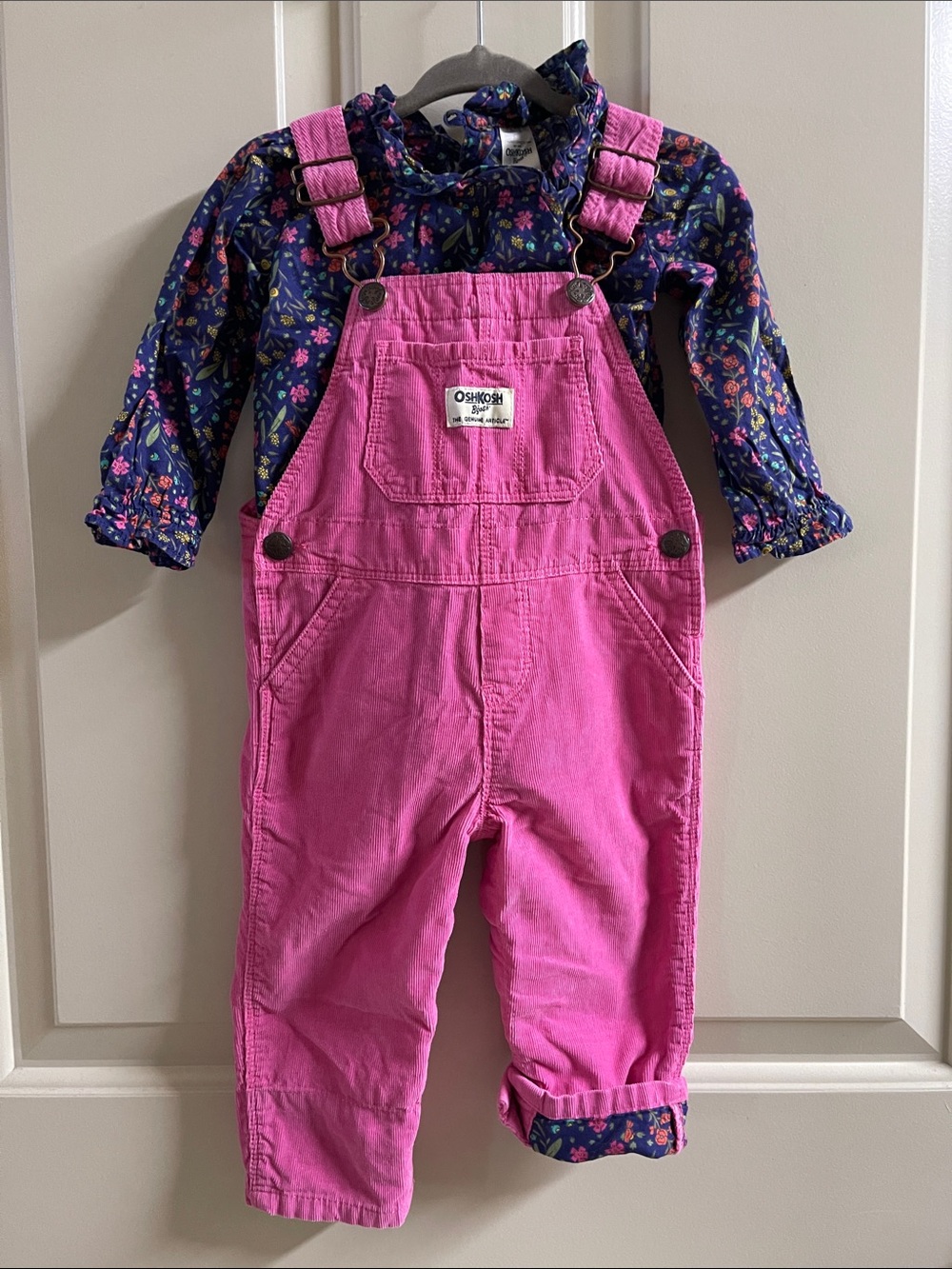 OshKosh B'gosh Hot Pink Corduroy Overalls, and matching Floral Shirt